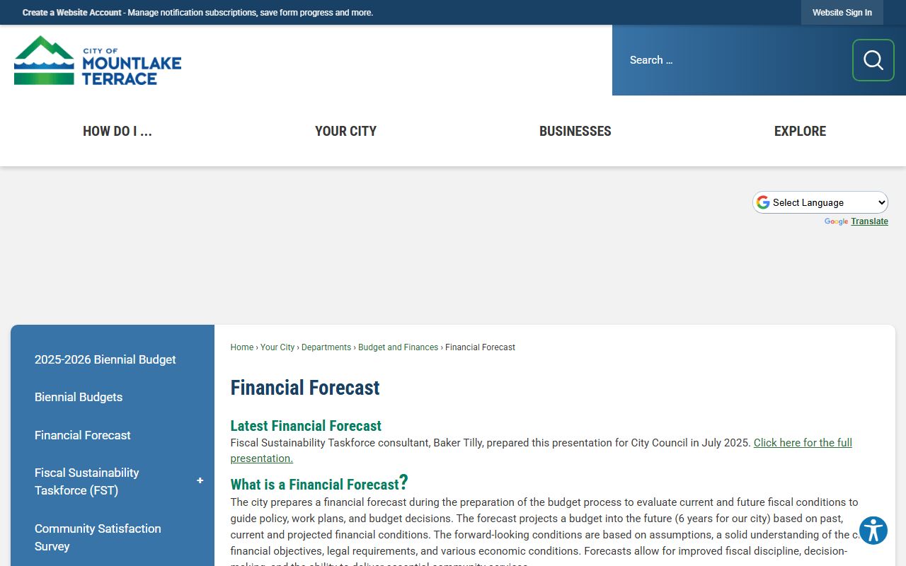 Mountlake Terrace financial forecast page for unclaimed money research