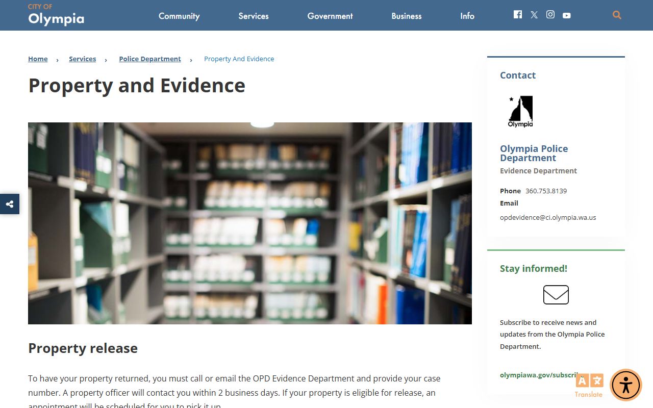 Olympia police property and evidence page for unclaimed money research