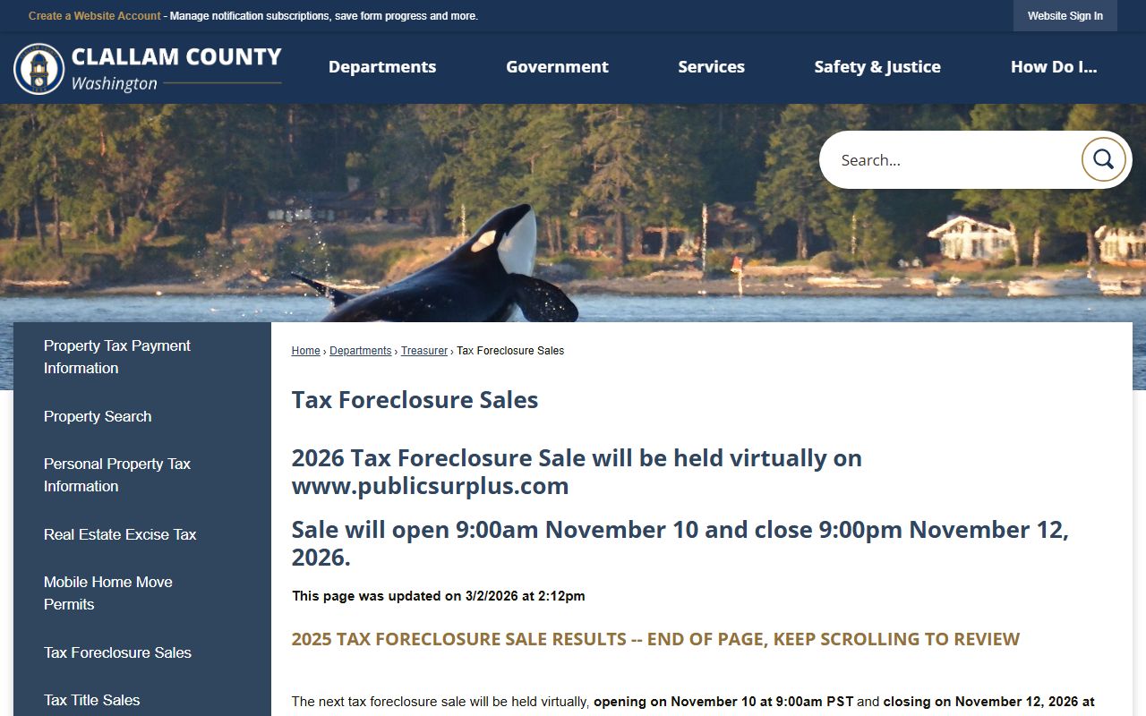 Clallam County unclaimed money at the tax foreclosure sales page