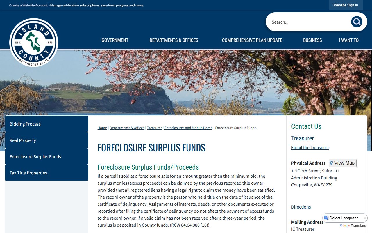 Island County unclaimed money at the foreclosure surplus funds page