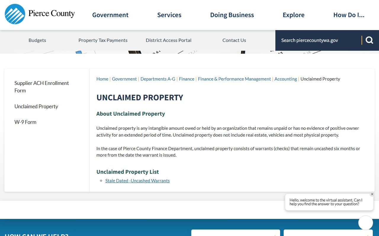 Pierce County unclaimed money records
