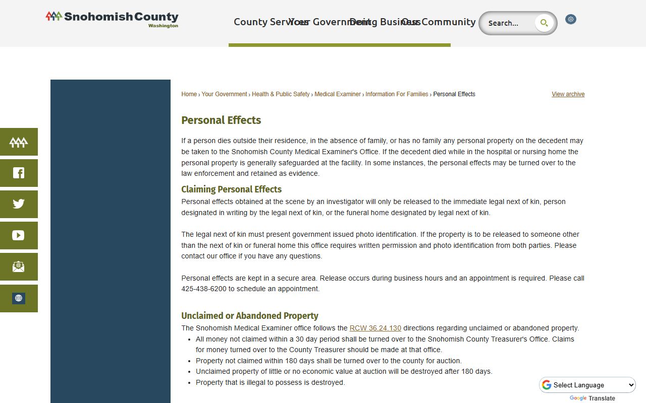 Snohomish County unclaimed money personal effects
