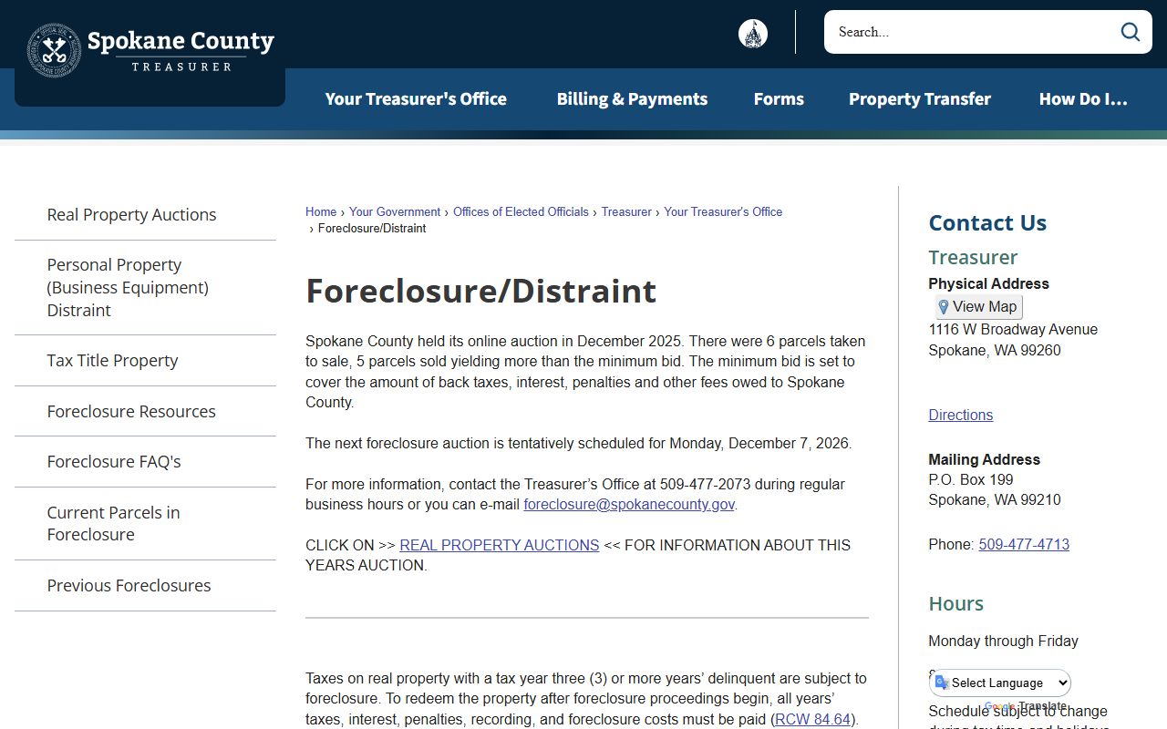Spokane County unclaimed money on the foreclosure and distraint page