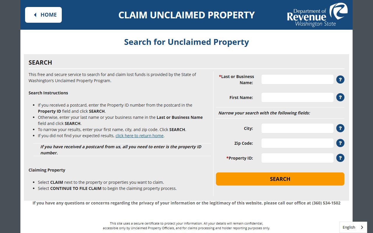 Washington Unclaimed Money claim search form