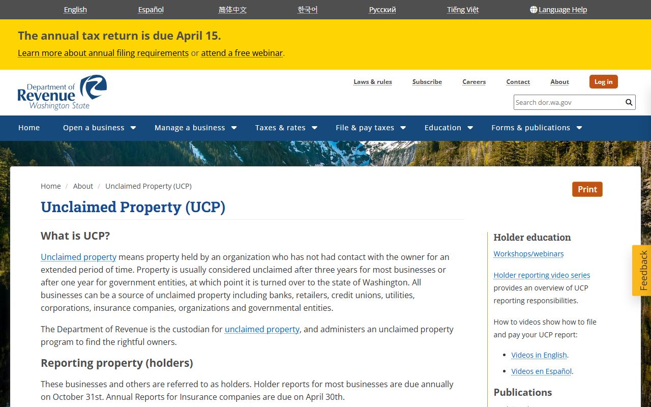 Washington Unclaimed Money Department of Revenue information page