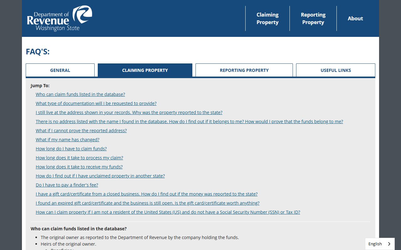 Washington Unclaimed Money FAQ page