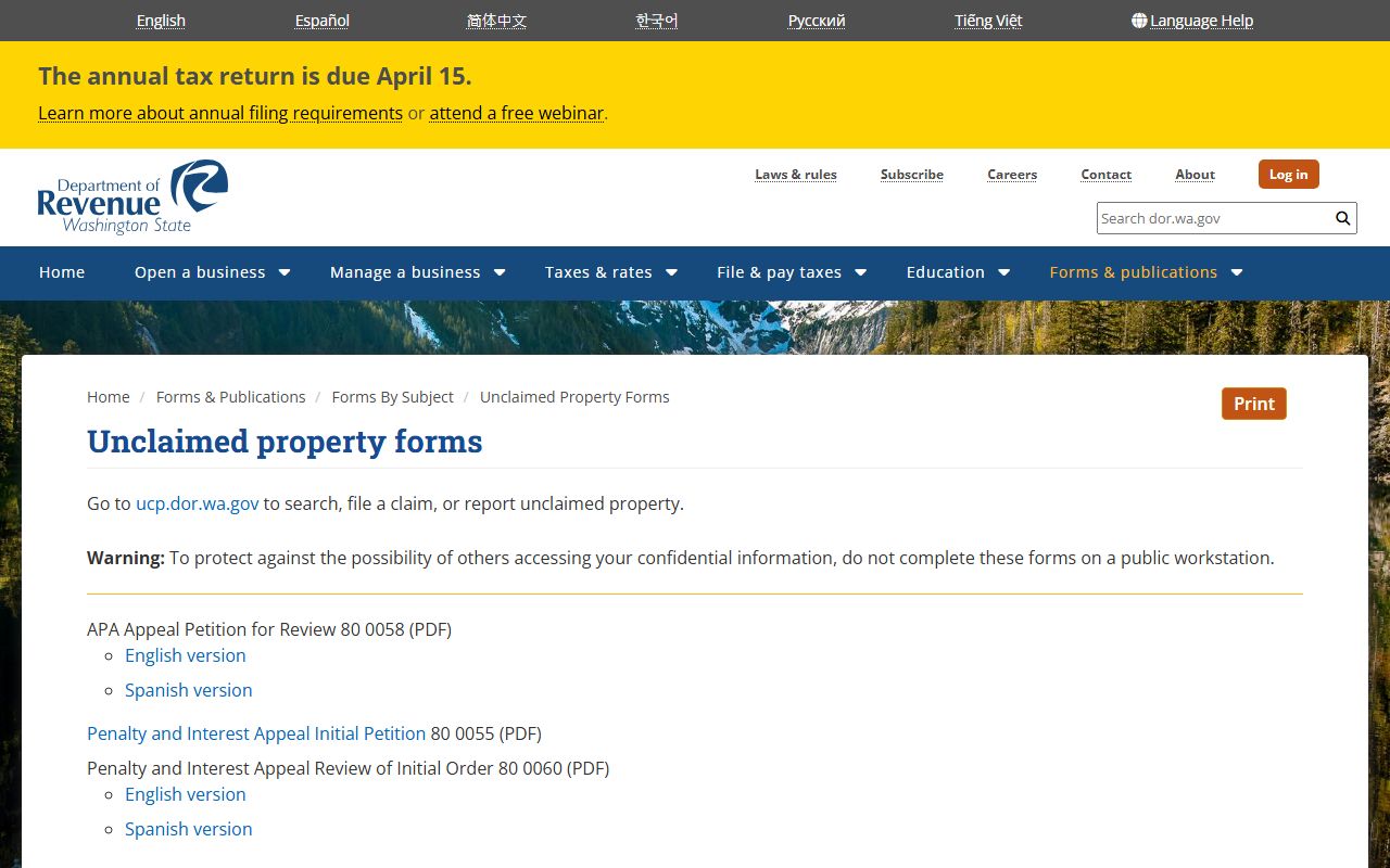 Washington Unclaimed Money forms page