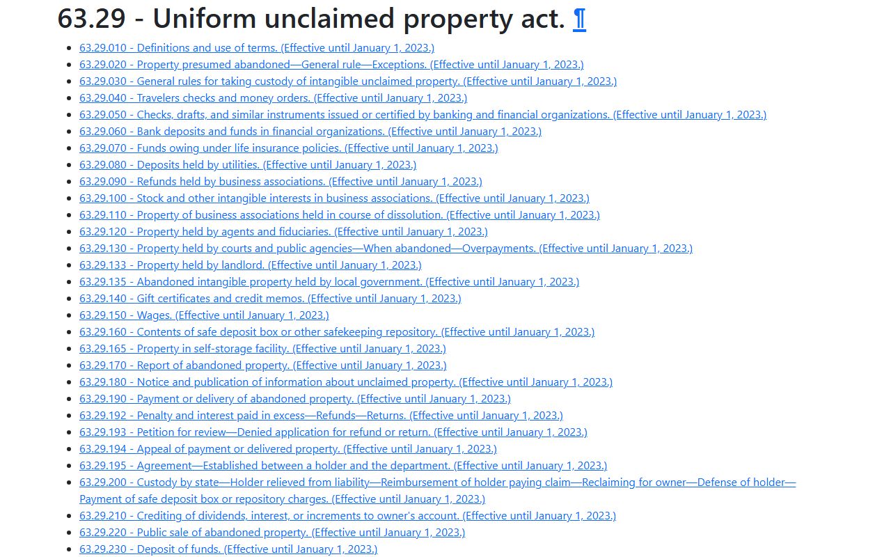 Washington Unclaimed Money statute page